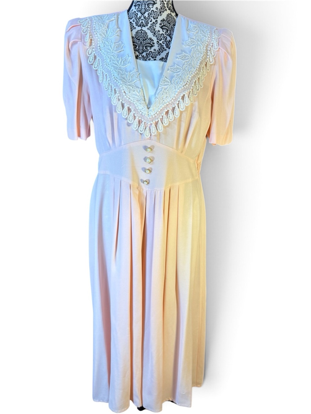 Vintage Pastel Pink Pearl Button Front Midi Dress, 1970s/ 1980s, size 12